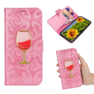 iPhone XS-max portemonnee hoesje  voorzien van met fijn zand gevuld wijnglas in licht roze