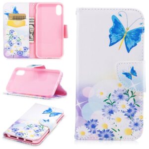 Blauwe vlinder en bloemen iPhone X portemonnee hoesje